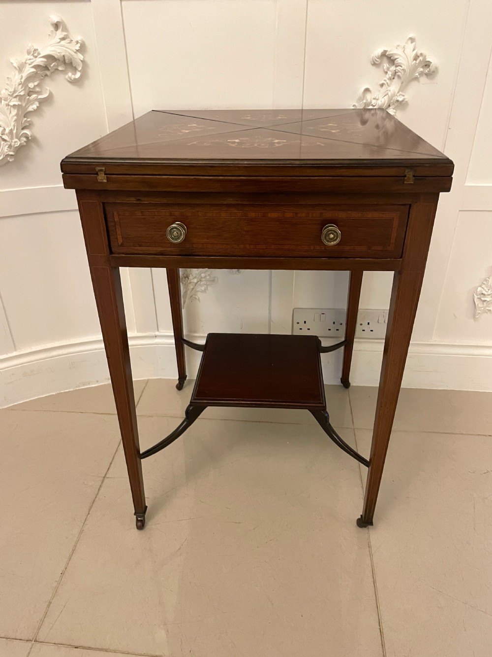 Antique Edwardian Quality Mahogany Marquetry Inlaid Envelope Card/Side Table  View XVI