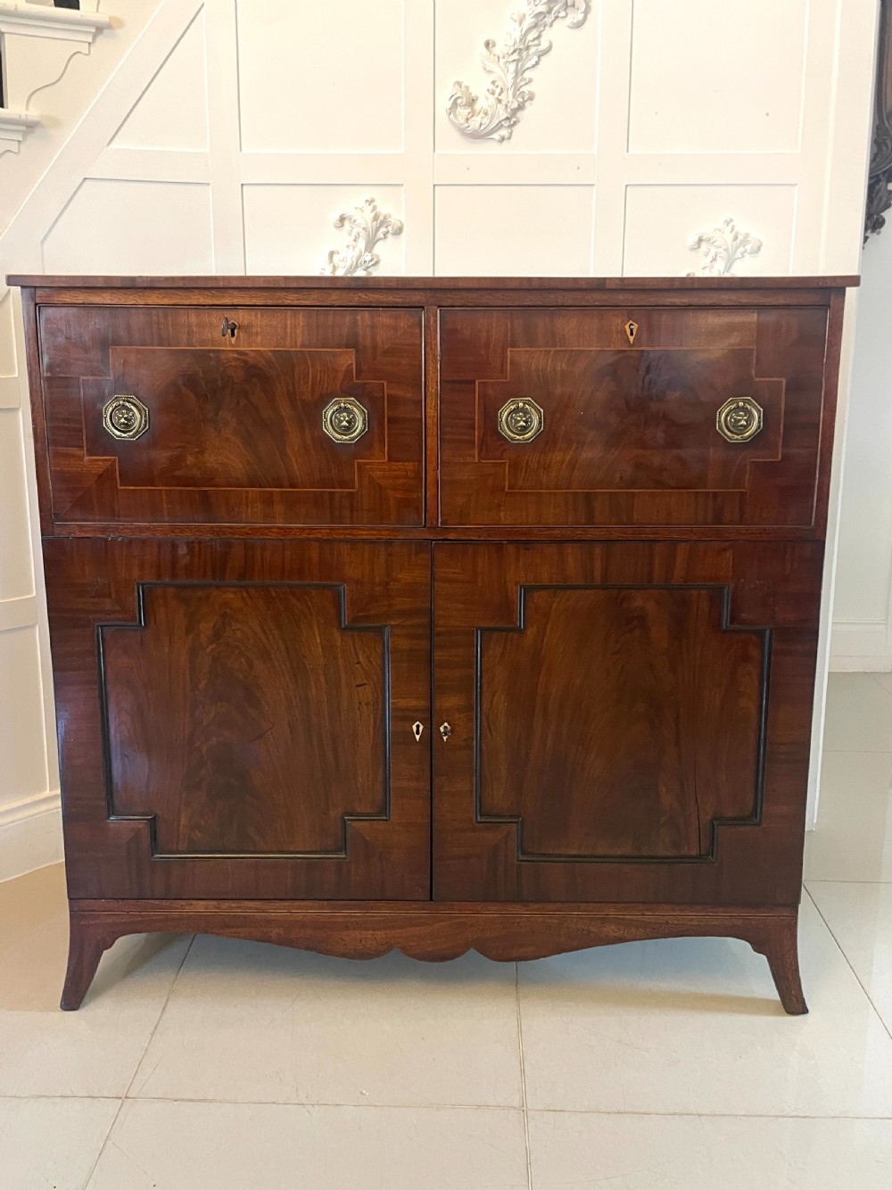 Unusual Antique George III Quality Figured Mahogany Double Secretaire Desk