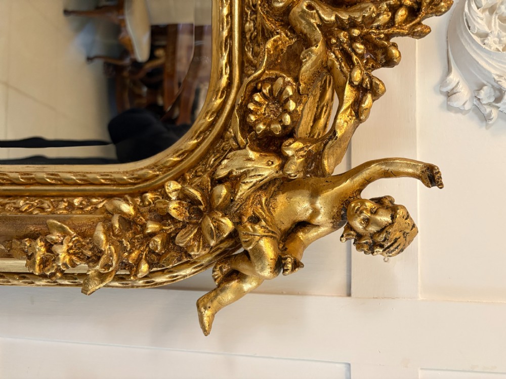 A large rectangular wall mirror featuring an ornate gilded frame decorated with carved floral scrolls and two cherub figures atop the crest. View X
