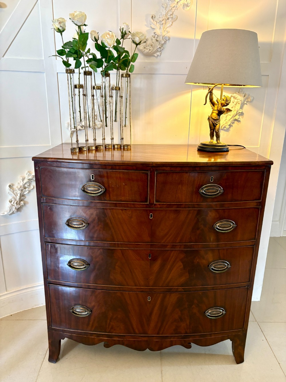 Antique Regency Quality Figured Mahogany Bow Fronted Chest of 5 Drawers View II