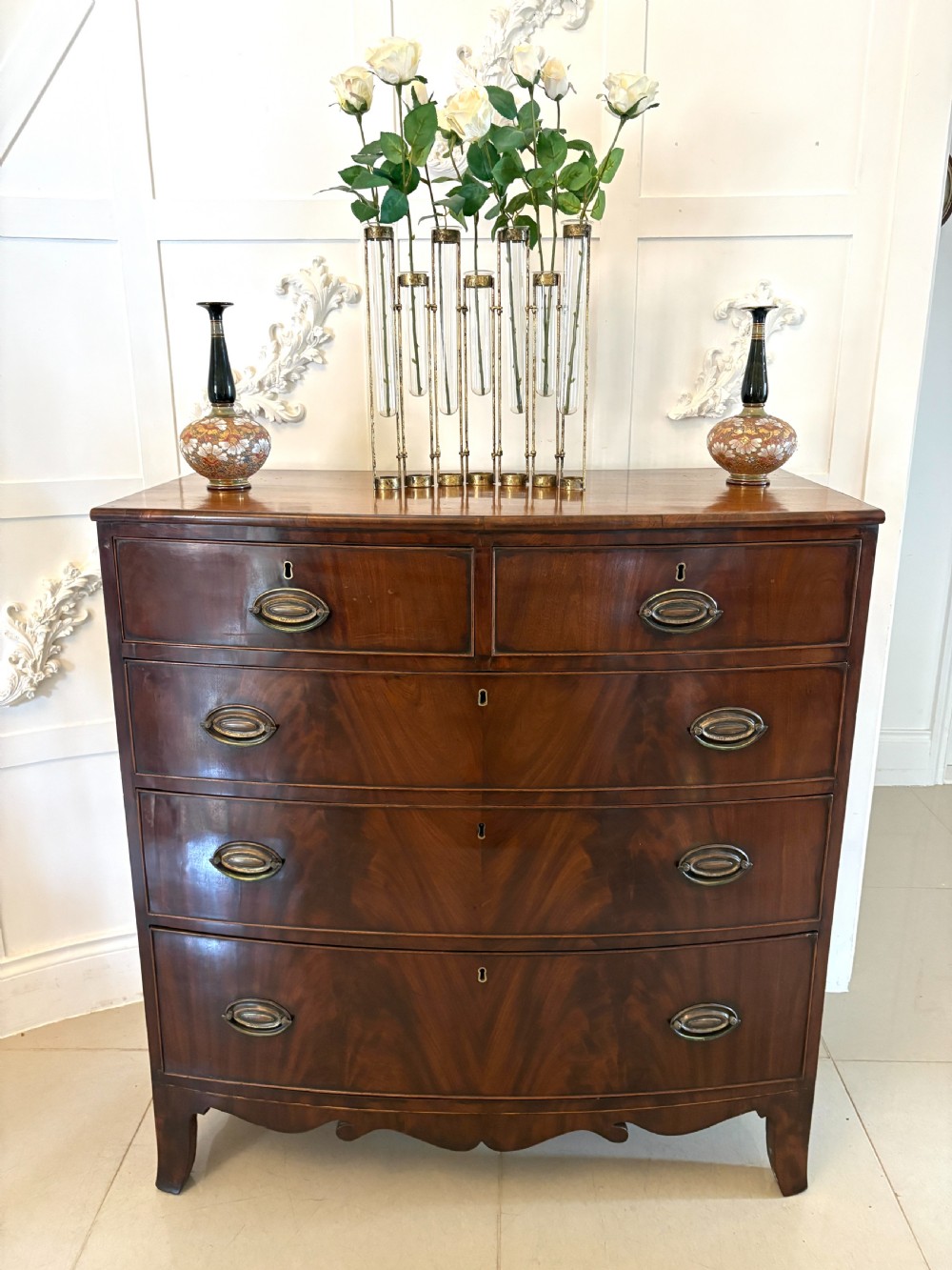 Antique Regency Quality Figured Mahogany Bow Fronted Chest of 5 Drawers View III