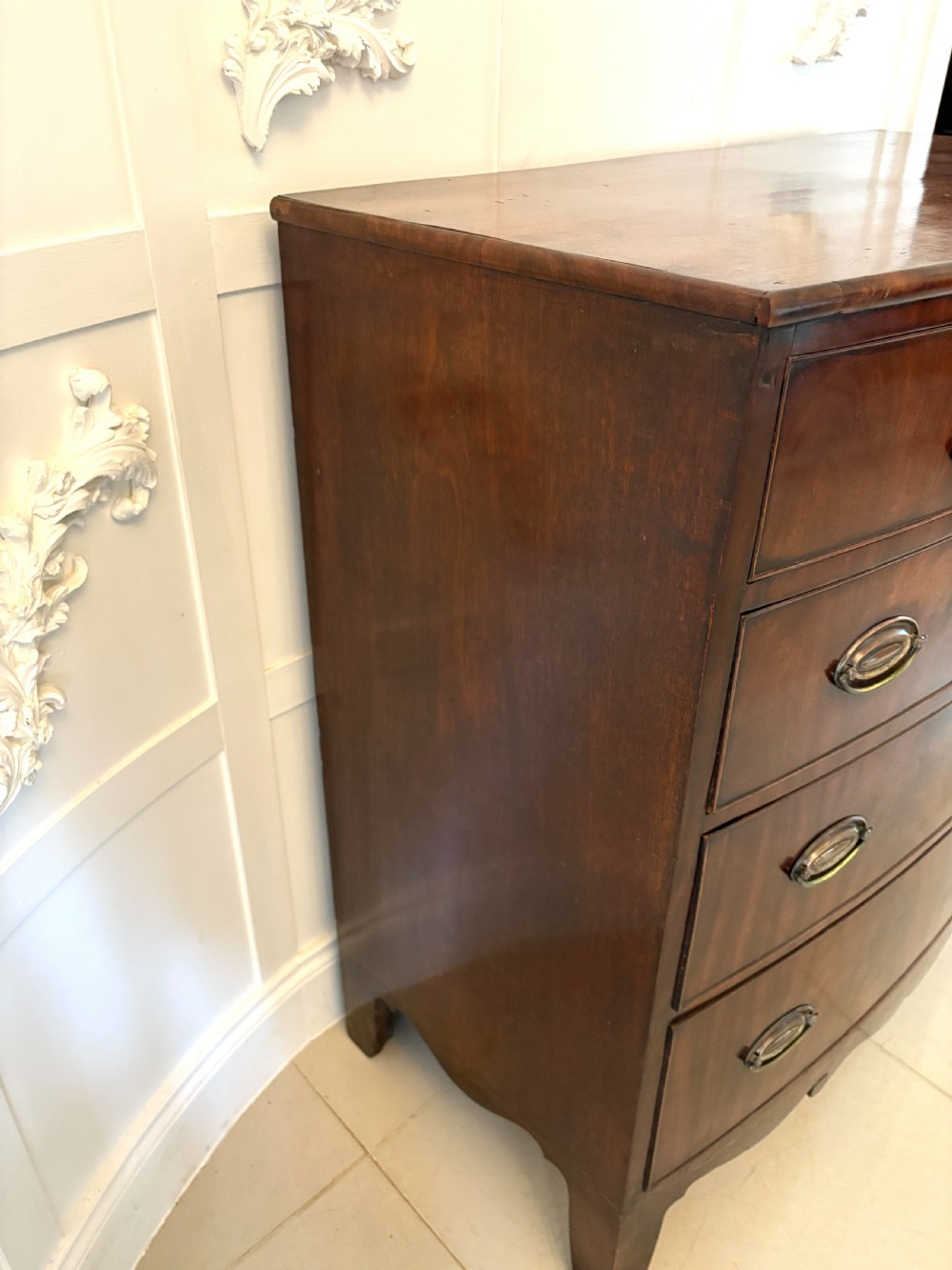 Antique Regency Quality Figured Mahogany Bow Fronted Chest of 5 Drawers View VIII