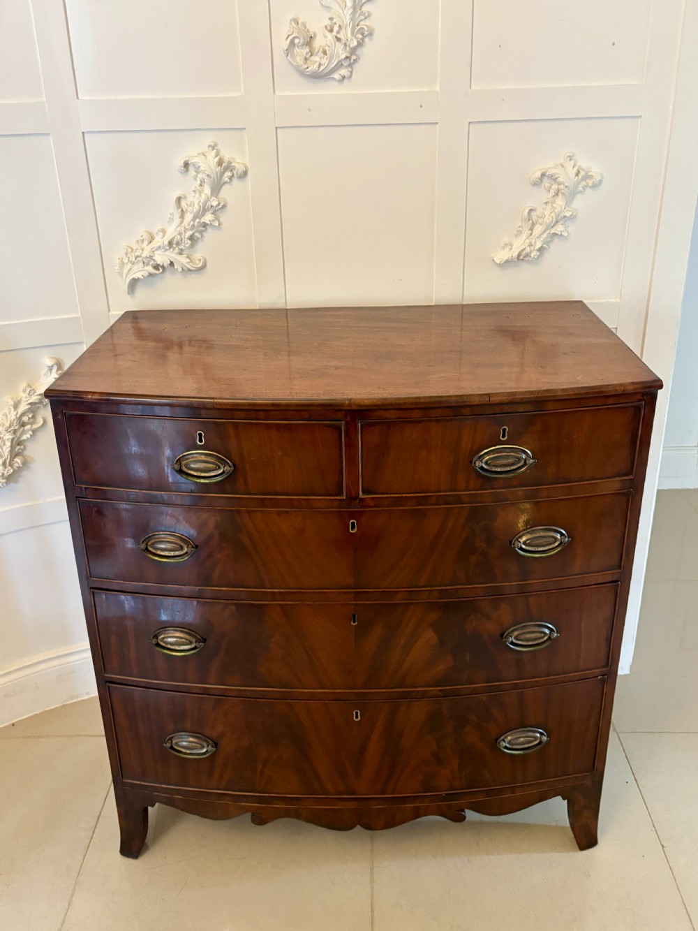 Antique Regency Quality Figured Mahogany Bow Fronted Chest of 5 Drawers View XI