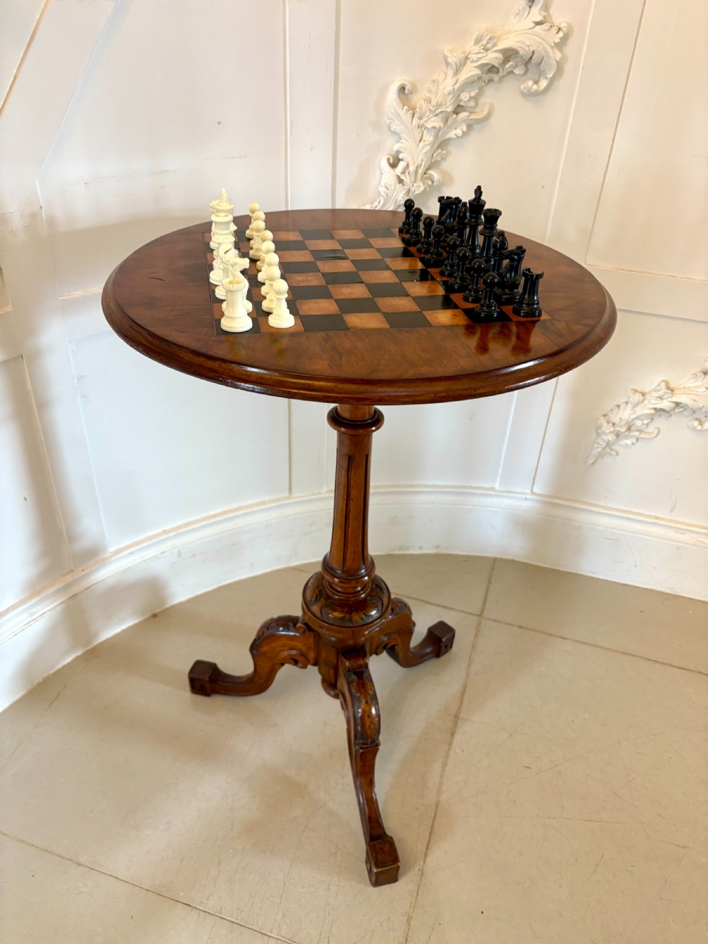 Antique Victorian Quality Burr Walnut Chess Top Games Table View IV