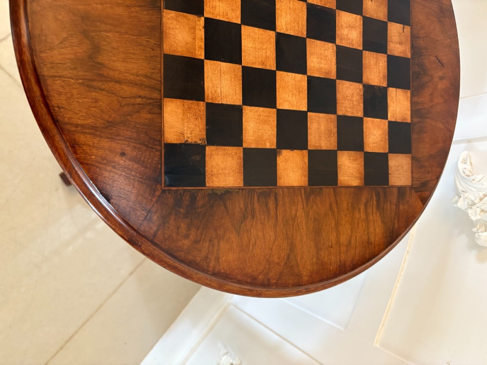 Antique Victorian Quality Burr Walnut Chess Top Games Table View XI