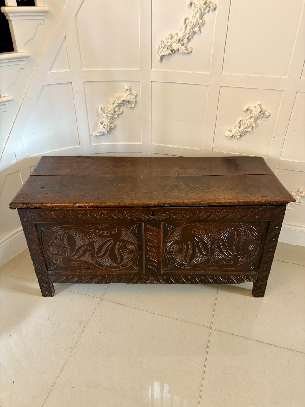 Antique 17th Century Quality Carved Oak Coffer View XVII