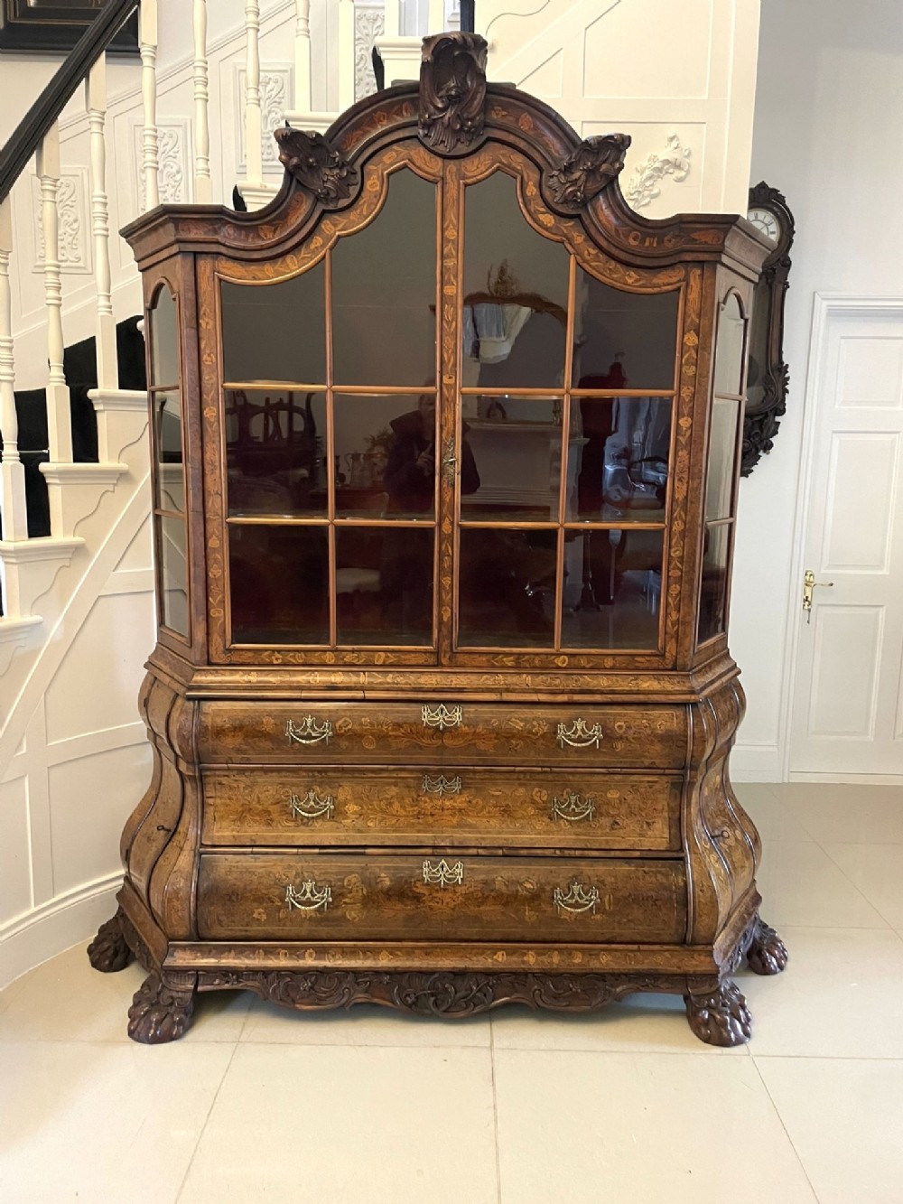 Antique 18th Century Quality Dutch Marquetry Inlaid Burr Walnut Display Cabinet