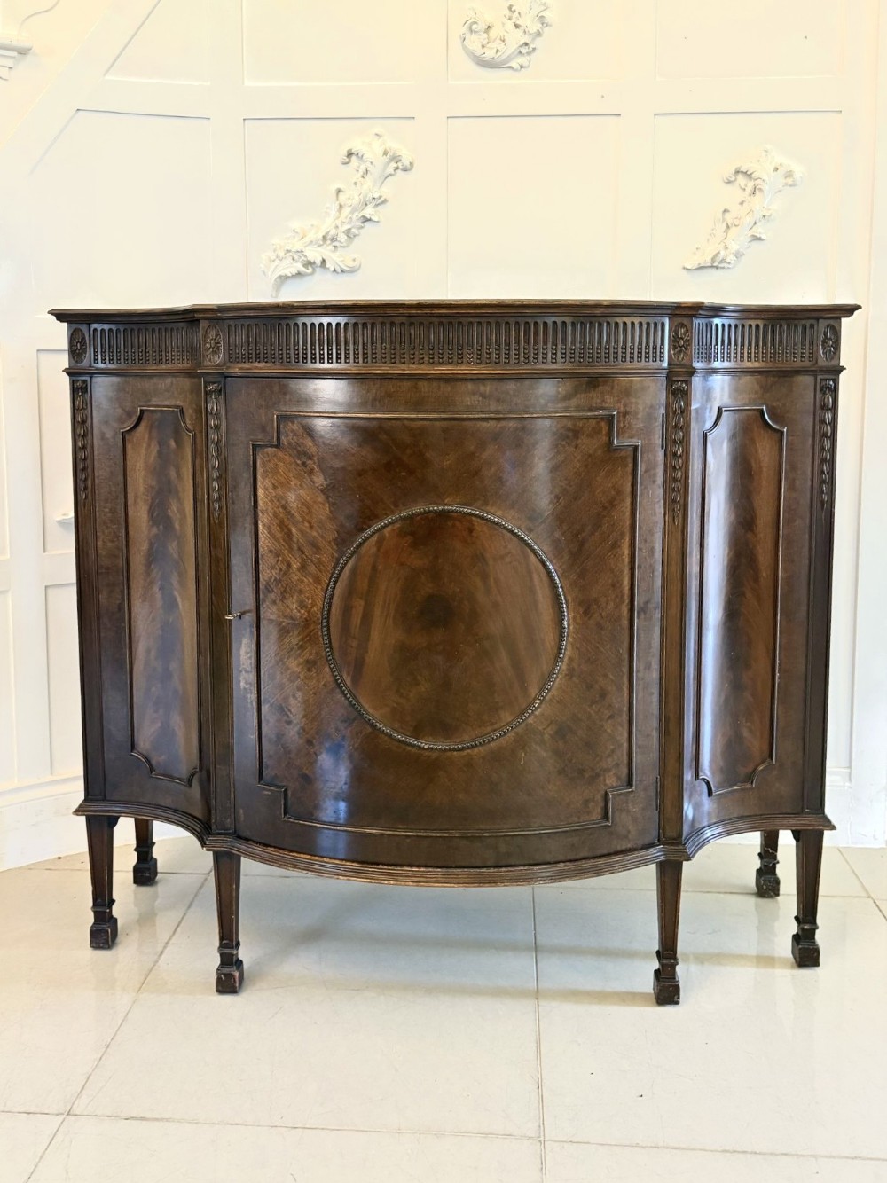 Antique Edwardian Quality Carved Mahogany Serpentine Shape Side Cabinet