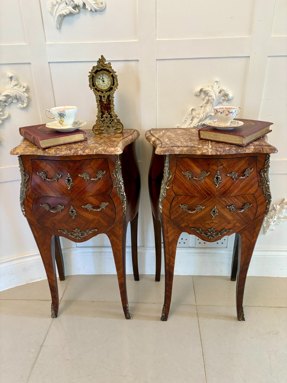 Pair of Antique Quality French Kingwood Marble Top Marquetry Inlaid Bedside Cabinets  View II