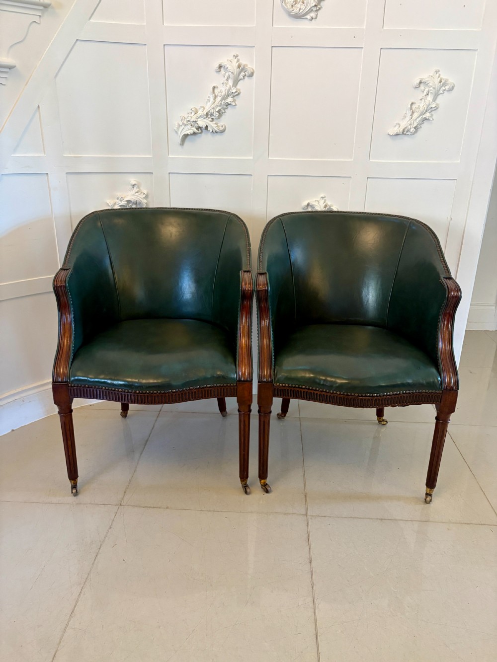 Superb Quality Pair of Antique Victorian Green Leather Desk Chairs