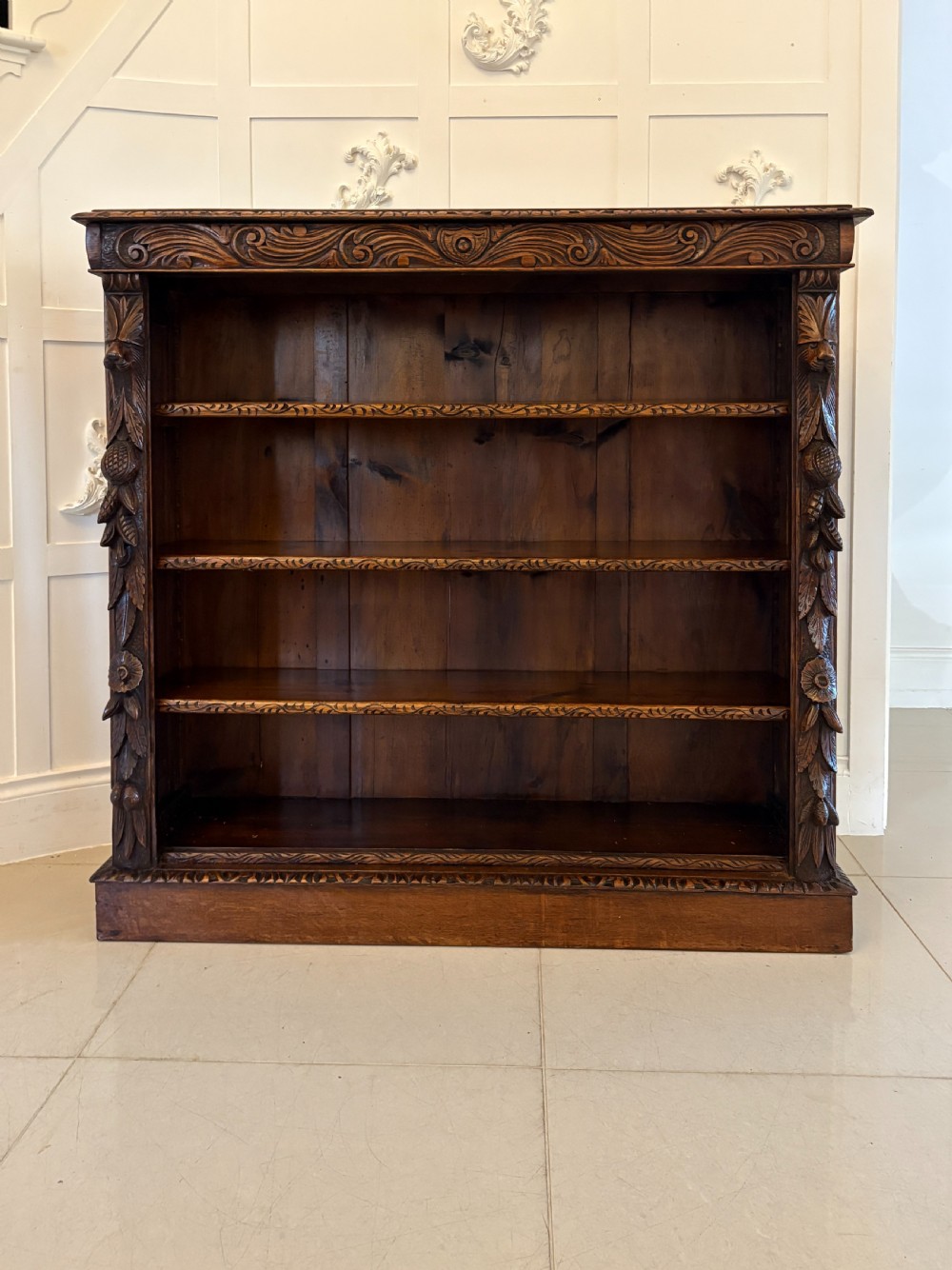 Antique Victorian Carved Oak Open Bookcase View XII