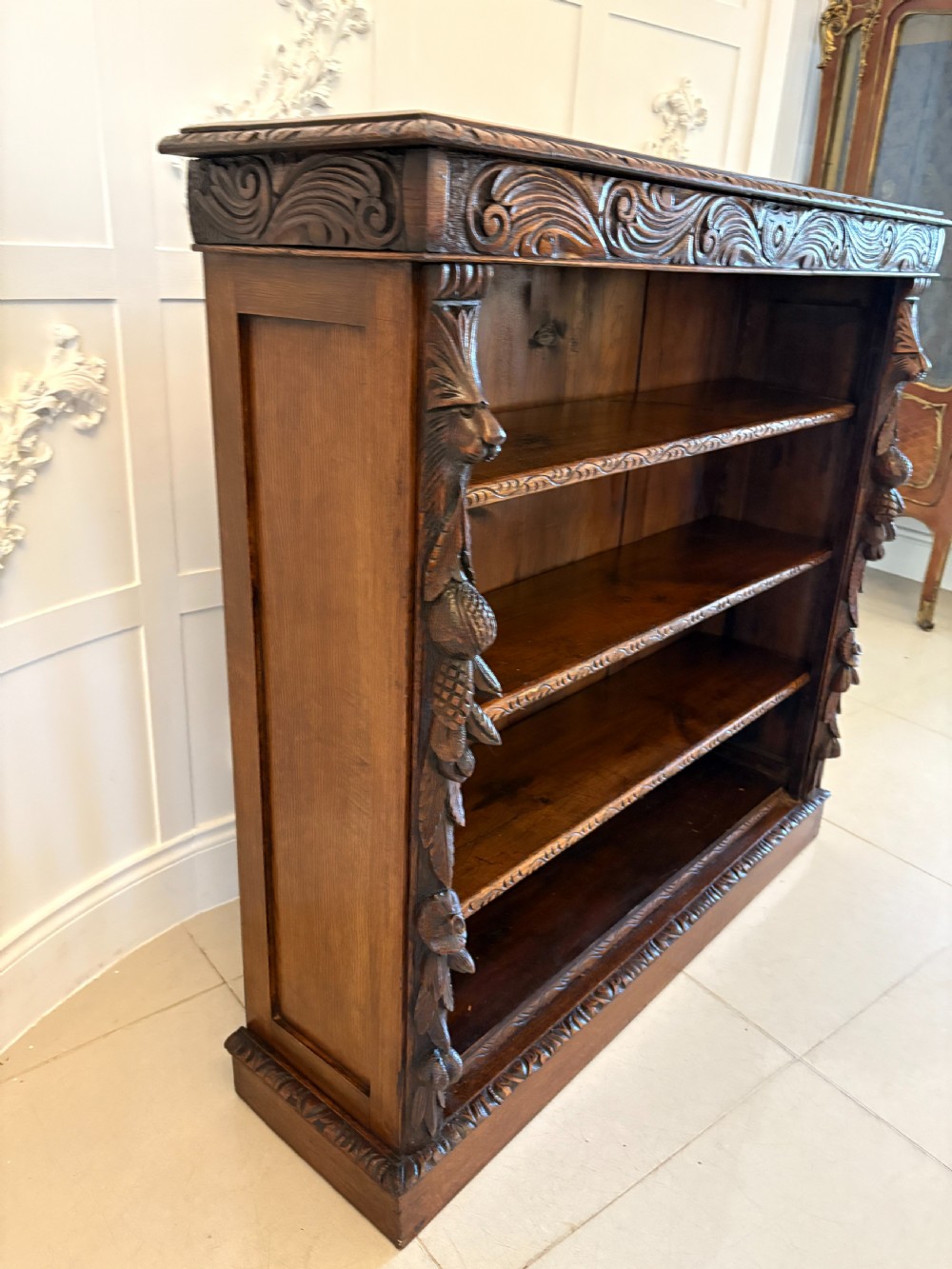 Antique Victorian Carved Oak Open Bookcase View X