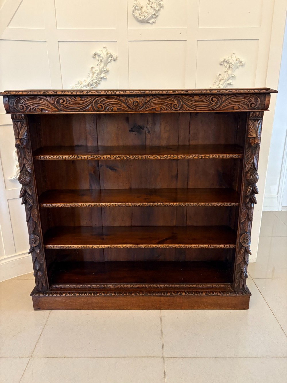 Antique Victorian Carved Oak Open Bookcase