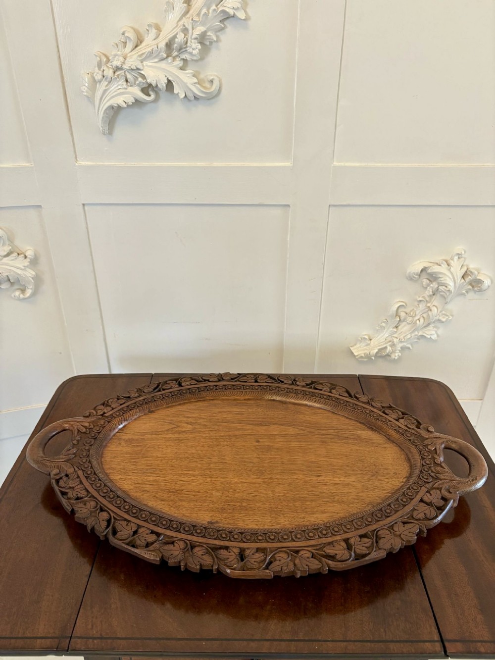 Antique Edwardian Quality Carved Oval Tea Tray 