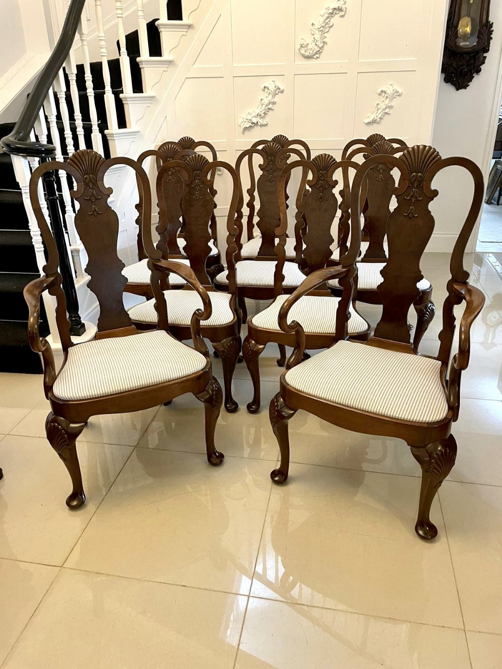 Outstanding Quality Set of 10 Antique Victorian Walnut Dining Chairs 