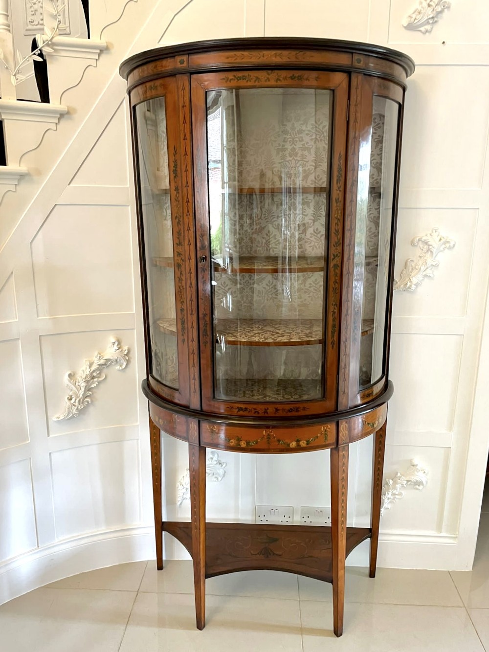 Fine Quality Antique Victorian Satinwood Display Cabinet with Original Painted Decoration 