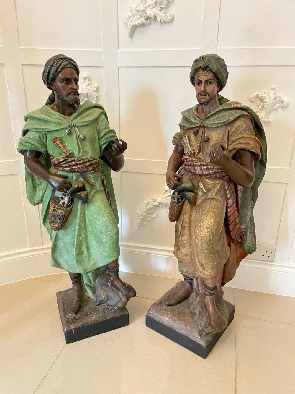 Spectacular Pair of Large Antique Quality Orientalist Polychromed Plaster Arabesque or Moorish Figures