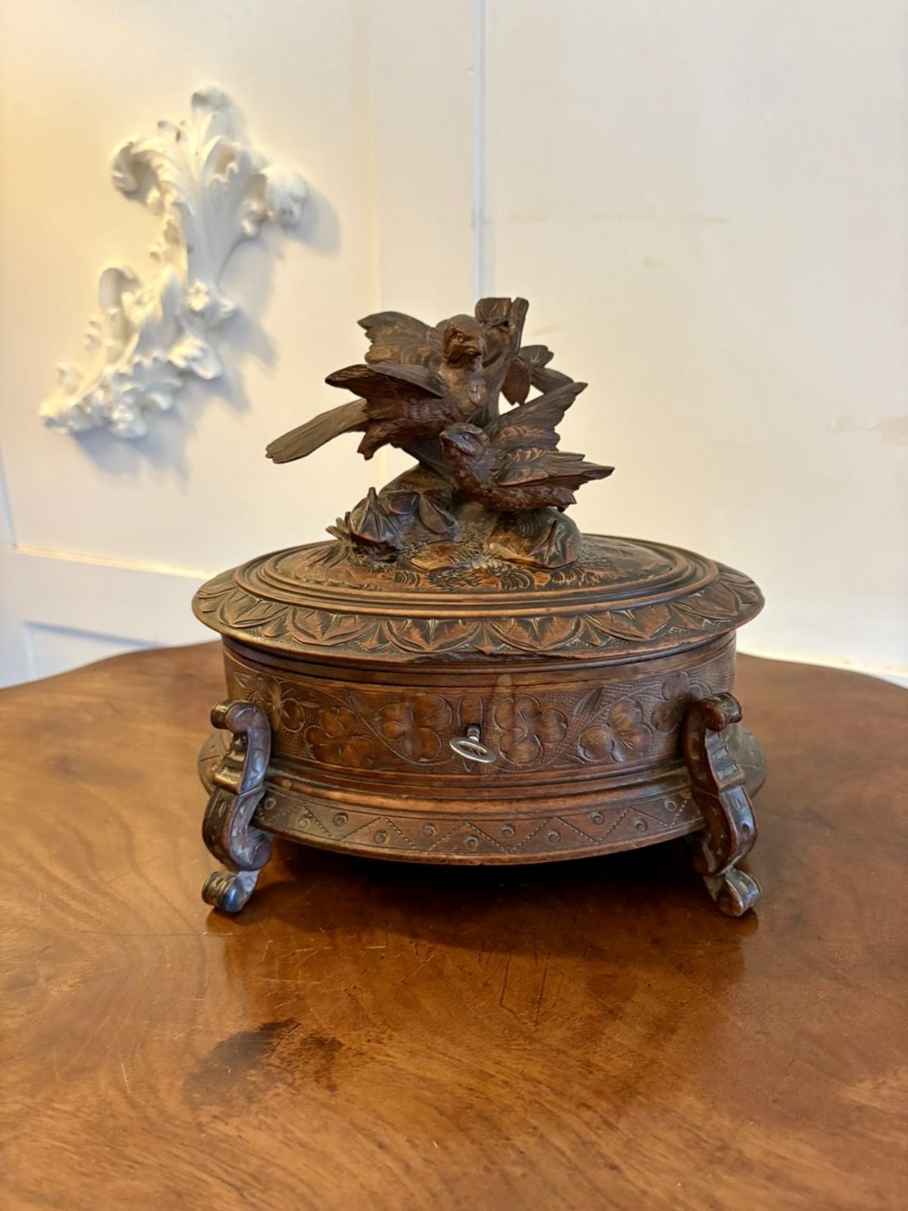 Antique Victorian Quality Carved Walnut Oval Black Forest Jewellery Box