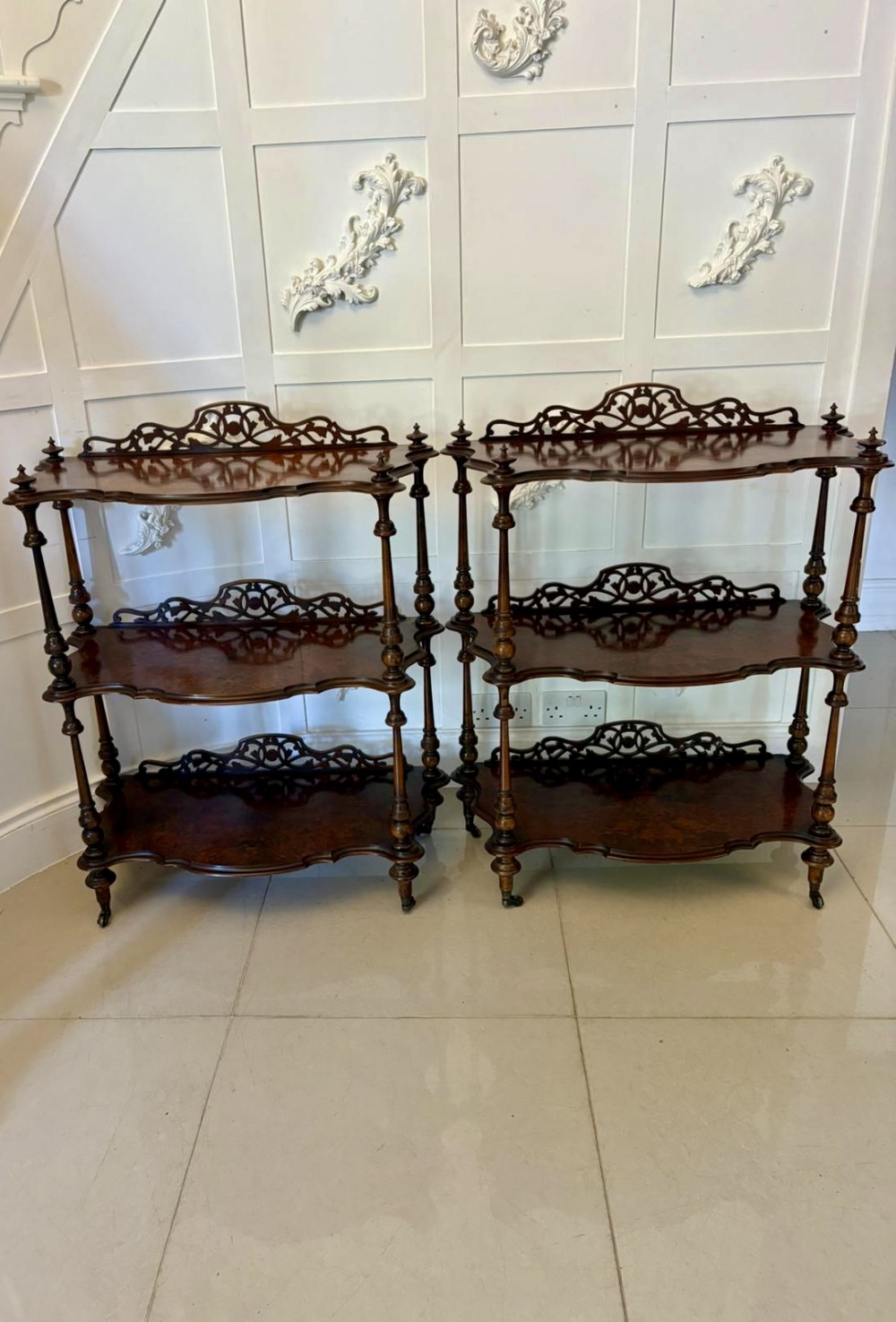 Unusual Pair of Antique Victorian Quality Burr Walnut Whatnots