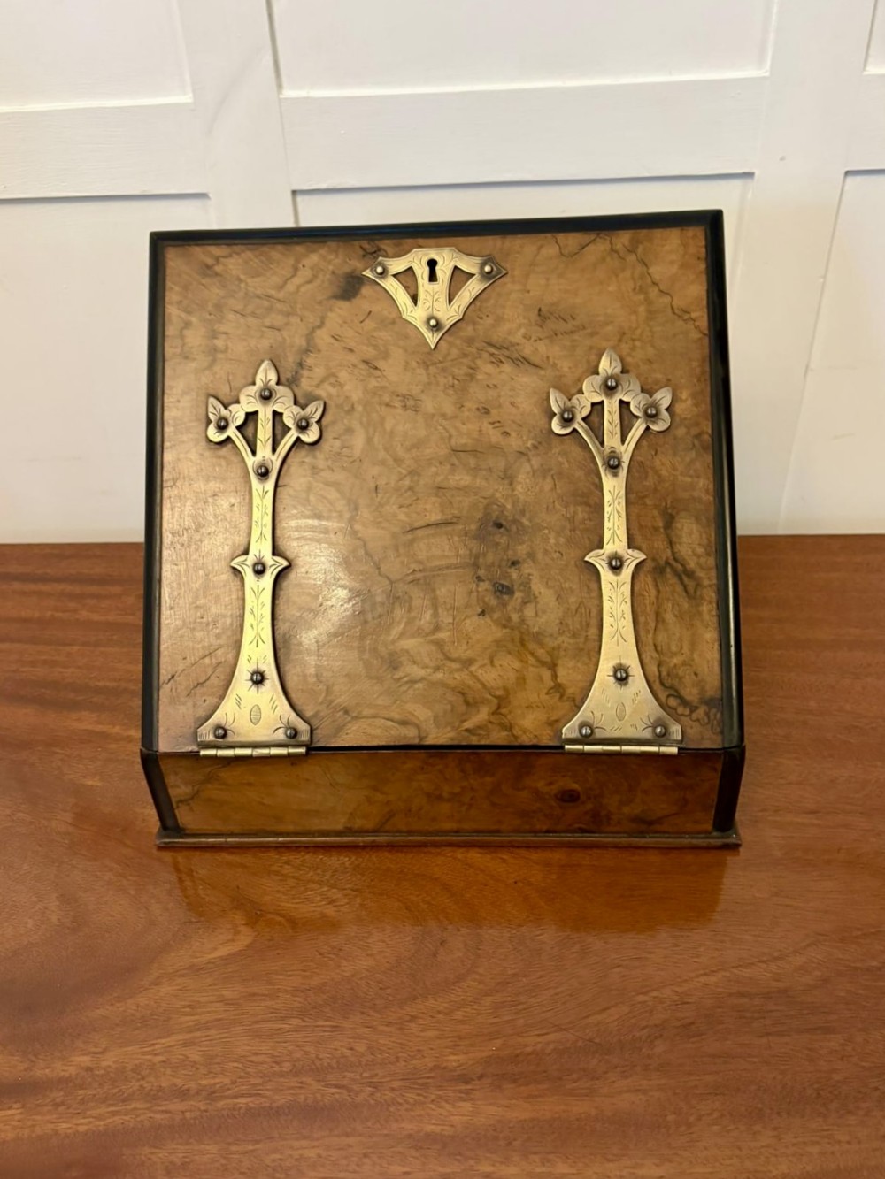 Unusual Antique Victorian Quality Burr Walnut Brass Mounted Stationery Box
