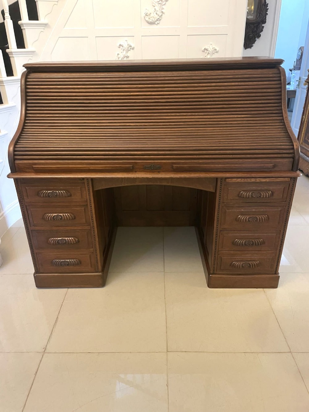  Large Antique Edwardian Freestanding Quality Oak Roll Top Desk