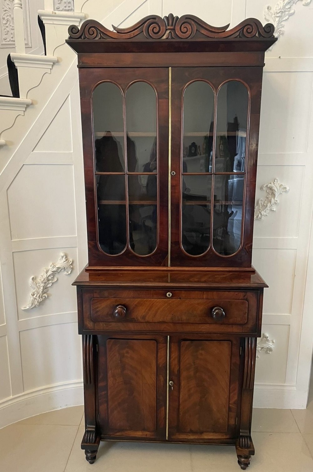Small Antique Regency Quality Figured Mahogany Secretaire Bookcase