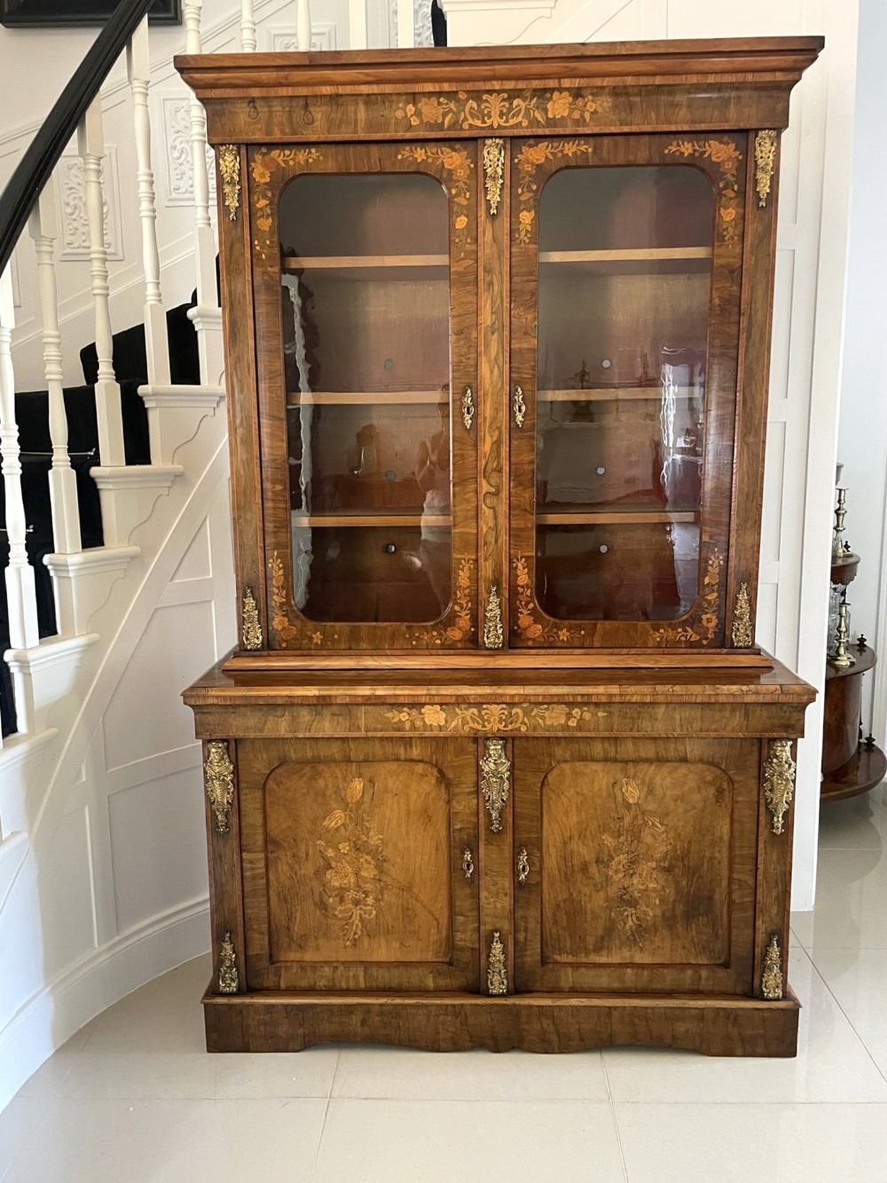 Outstanding Quality Antique Victorian Burr Walnut Marquetry Inlaid Ormolu Mounted Bookcase Cabinet