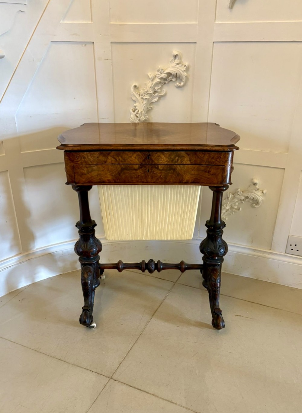 Outstanding Quality Antique Victorian Burr Walnut Sewing and Writing/Lamp Table