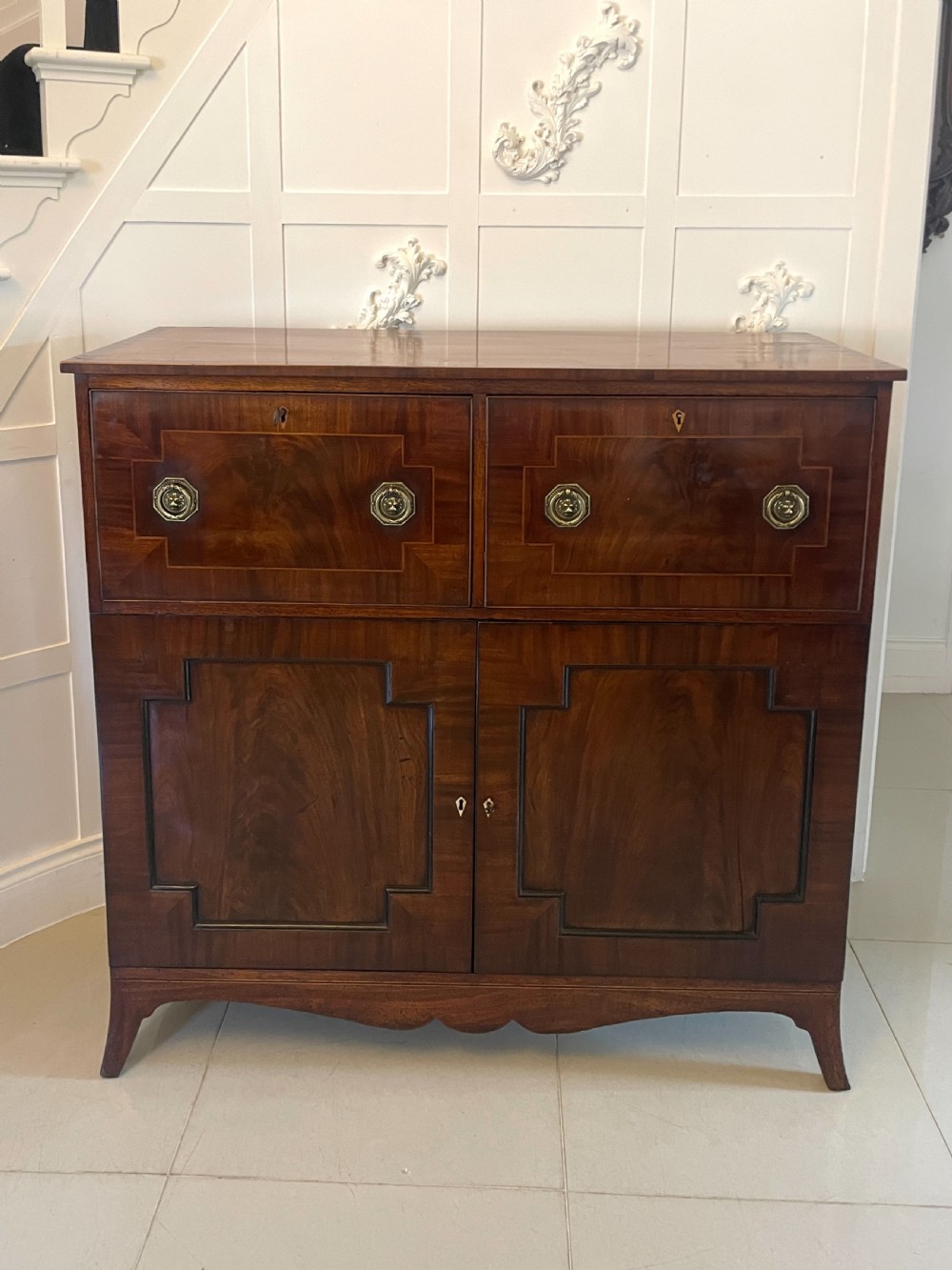 Unusual Antique George III Quality Figured Mahogany Double Secretaire Desk
