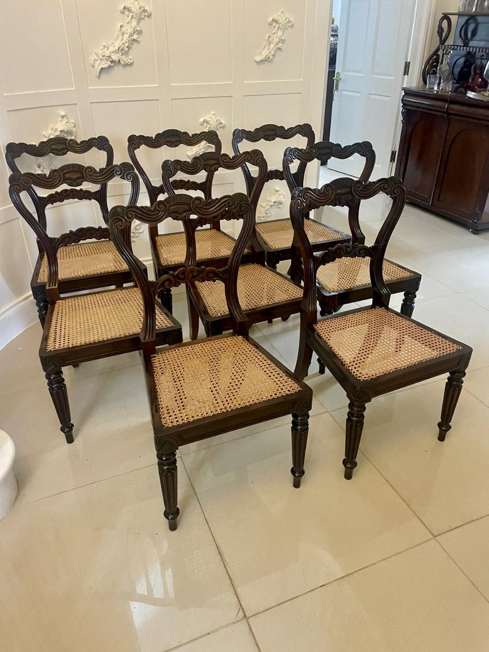 Outstanding Quality Antique Regency Set of 8 Carved Rosewood Dining Chairs 