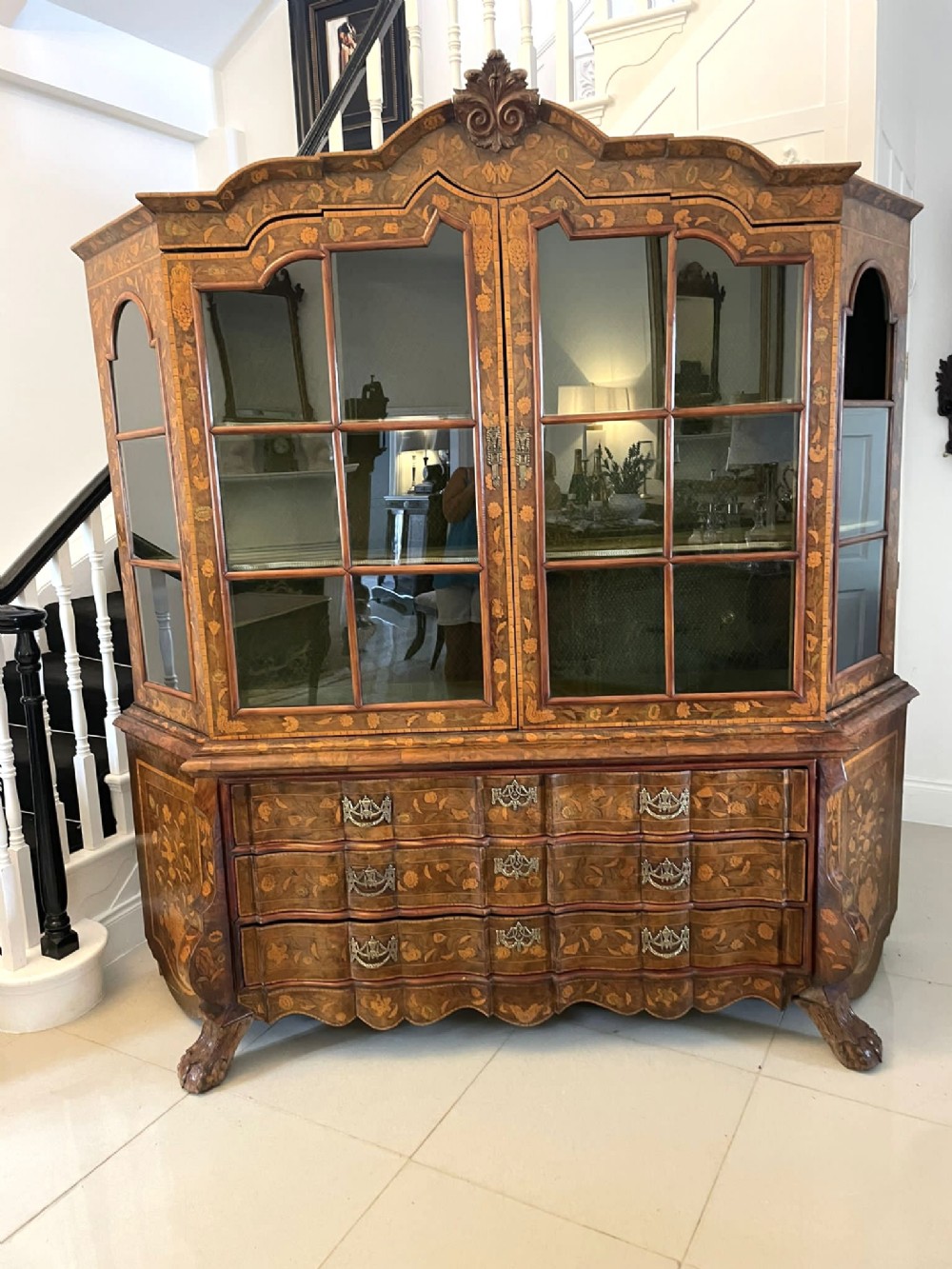 Extremely Large Antique Early 19th Century Quality Burr Walnut Dutch Floral Marquetry Inlaid Display Cabinet 