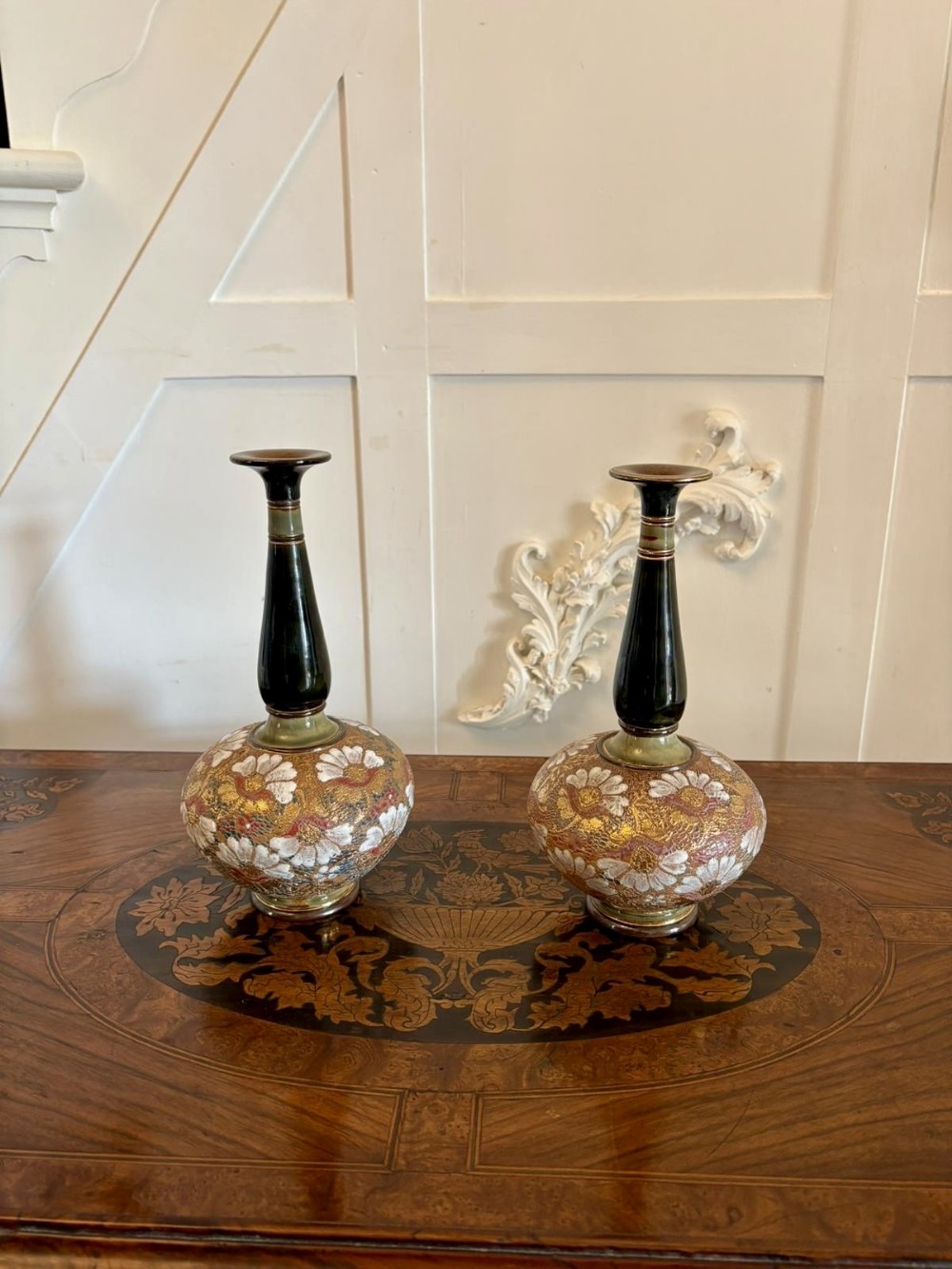 Pair of Antique Victorian Quality Royal Doulton Slater Stoneware Vases