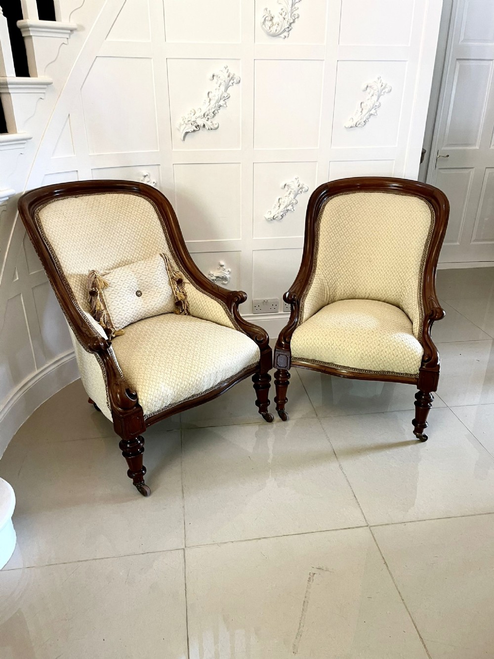  Unusual Pair of Antique Victorian Quality Mahogany Armchairs 