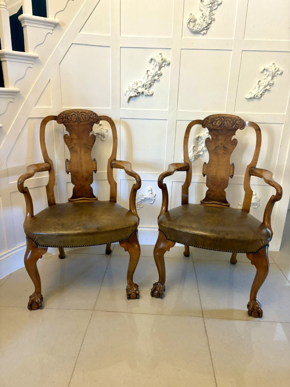 Outstanding Quality Pair of Antique Victorian Carved Walnut Desk Chairs 
