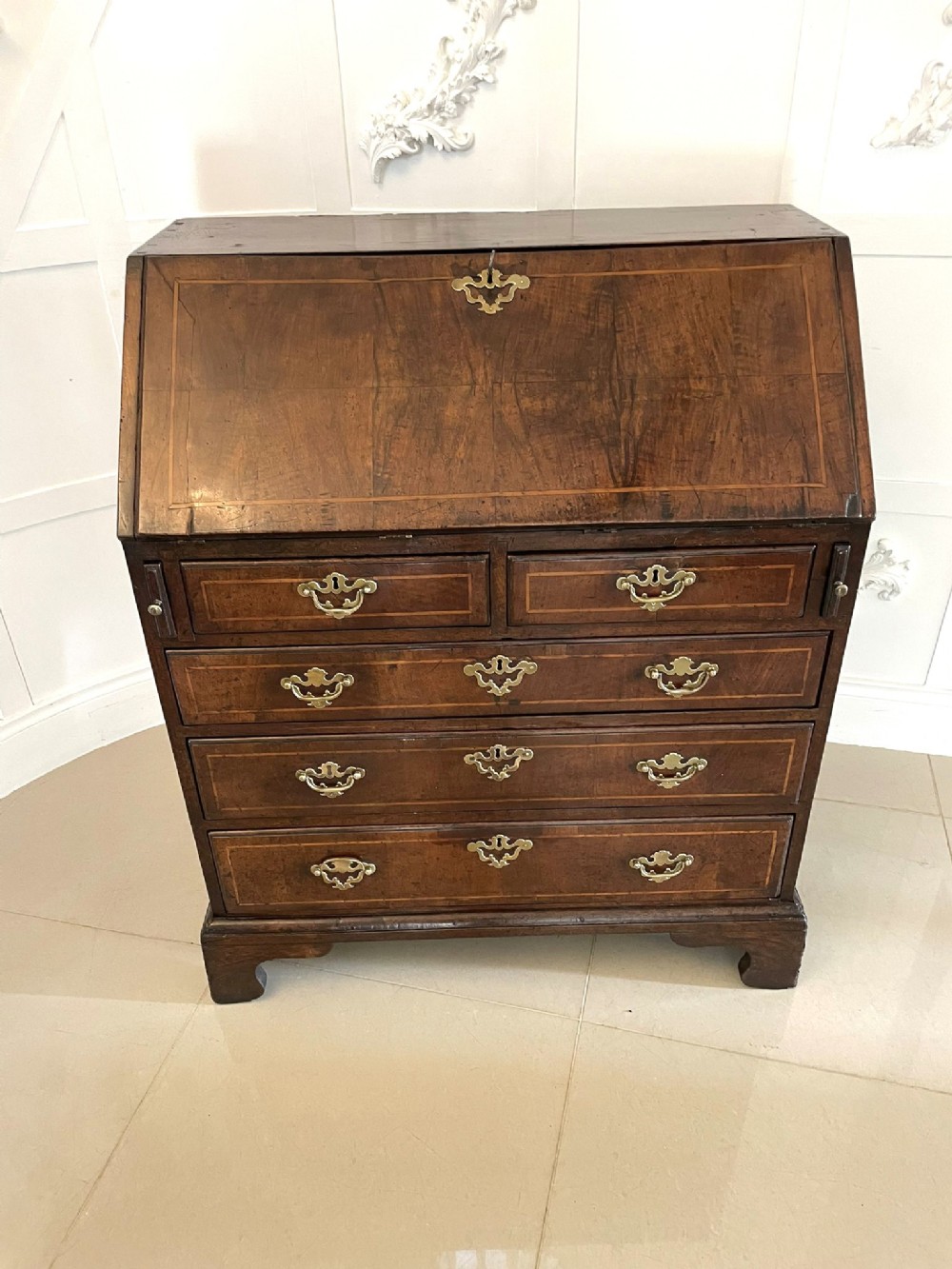Fine Quality Antique George I Figured Walnut Bureau with Original Handles 