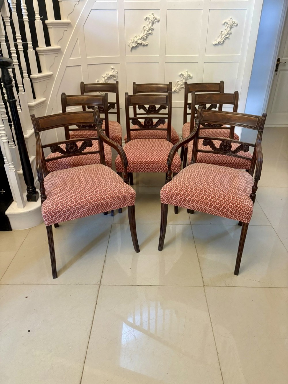 Outstanding Quality Set of 8 Antique Regency Mahogany Dining Chairs
