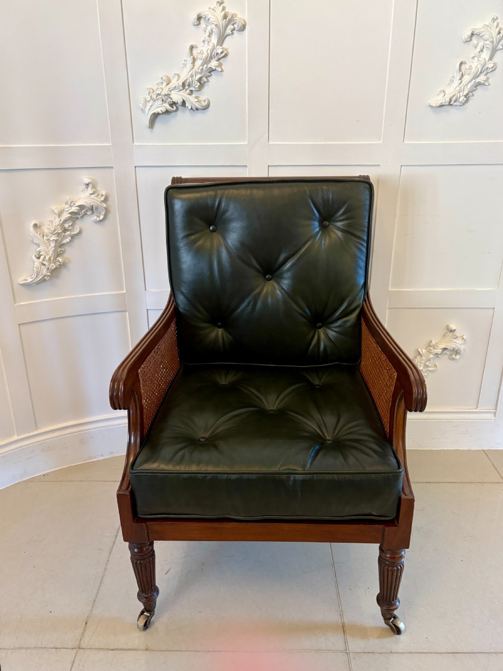 Pair of Antique Edwardian Quality Mahogany Library Bergere Armchairs View XI