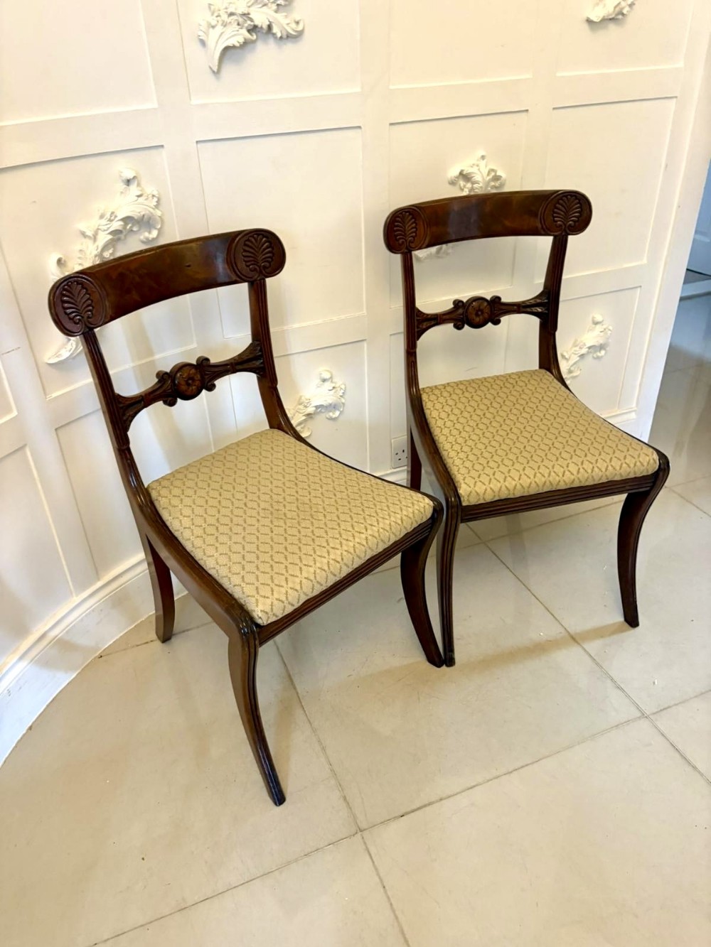 Pair of Antique Regency Carved Figured Mahogany Side Chairs