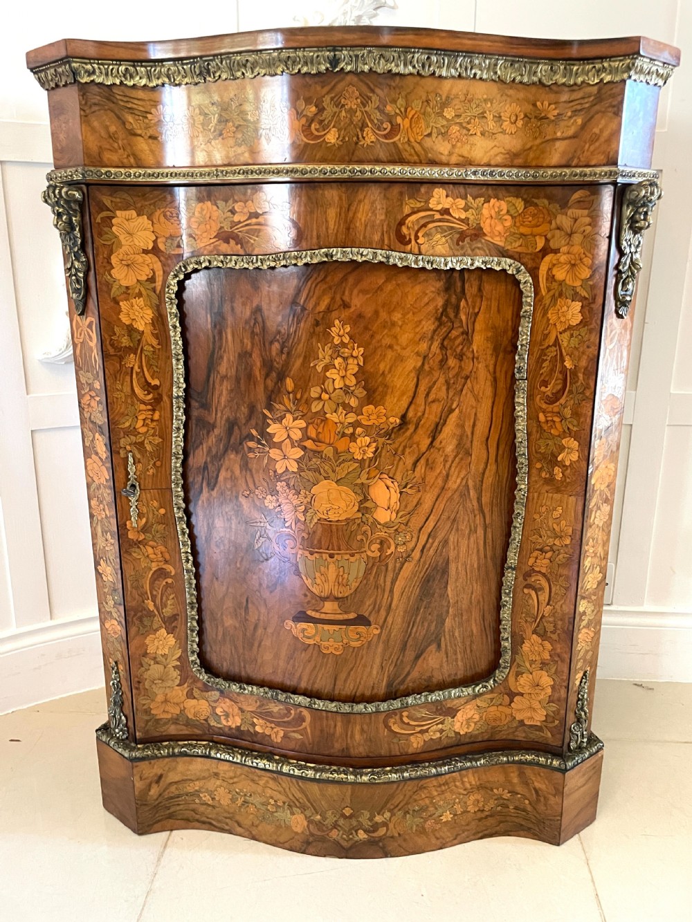 Outstanding Quality Antique Victorian Burr Walnut Inlaid Floral Marquetry Side Cabinet
