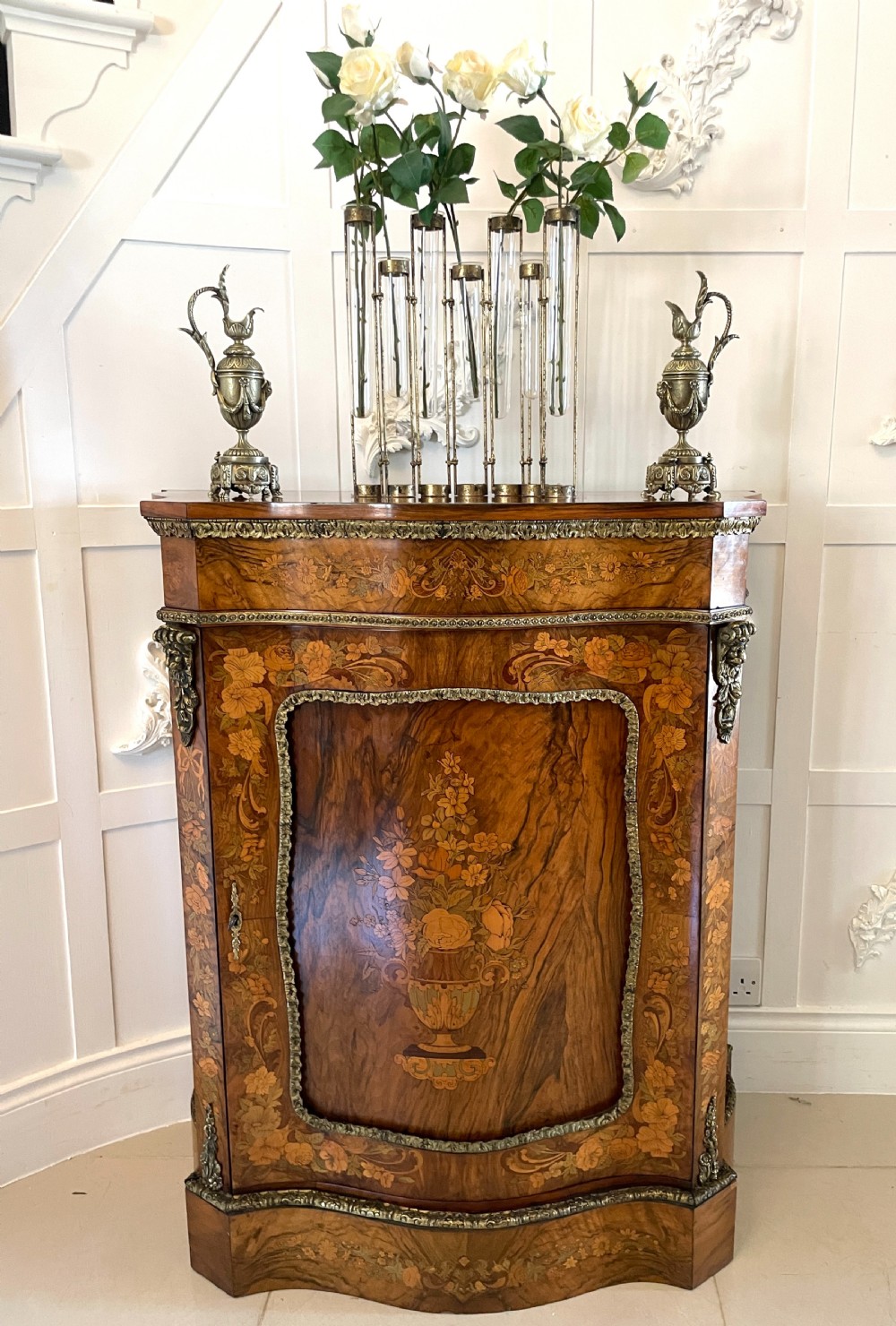 Outstanding Quality Antique Victorian Burr Walnut Inlaid Floral Marquetry Side Cabinet View II