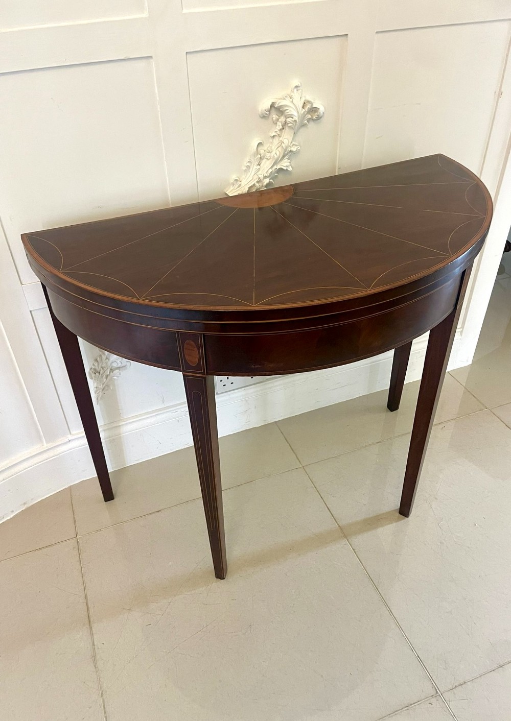 Fine Quality Antique George III Mahogany and Satinwood Inlaid Demi Lune Shaped Card/Console Table