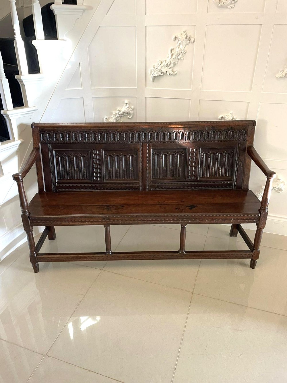 Superb Quality Antique 18th Century George III Carved Oak Hall Seat