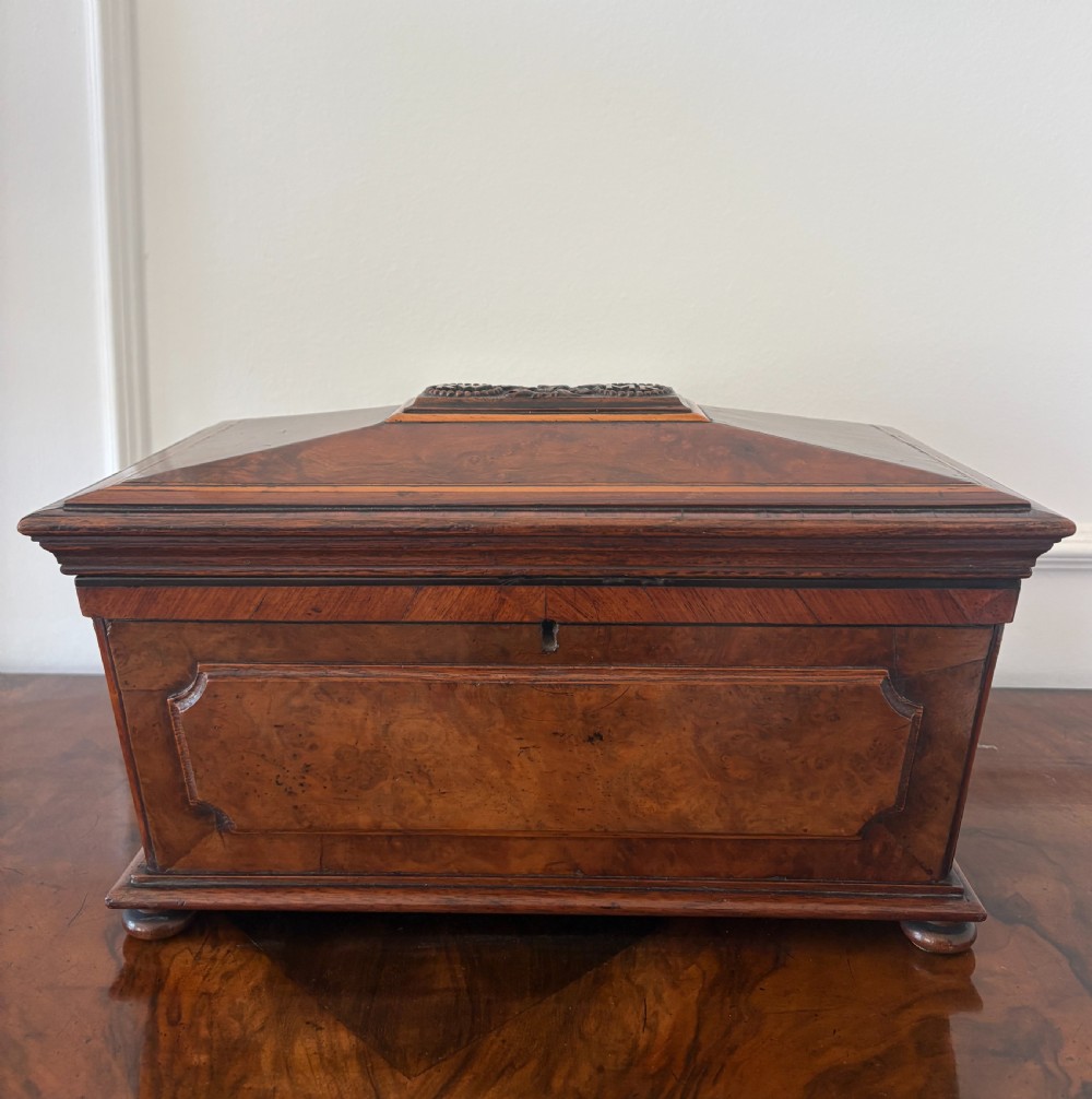 A Victorian burr walnut sarcophagus-shaped tea caddy featuring a carved top plaque, stepped lid, keyhole escutcheon, and small bun feet. View III