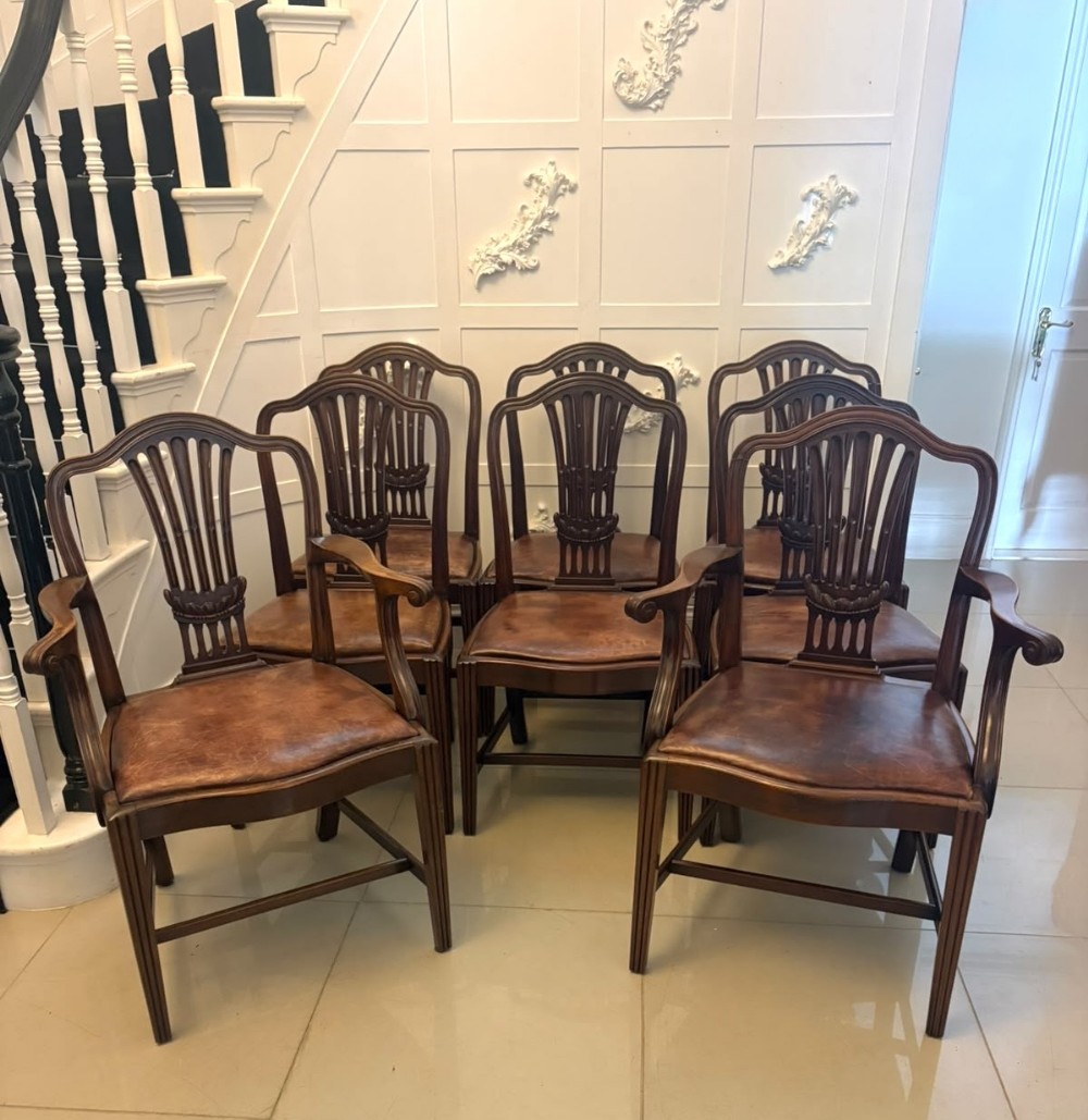 A set of Victorian mahogany Hepplewhite style dining chairs featuring shield-shaped backs with carved splats and tan leather upholstered seats.