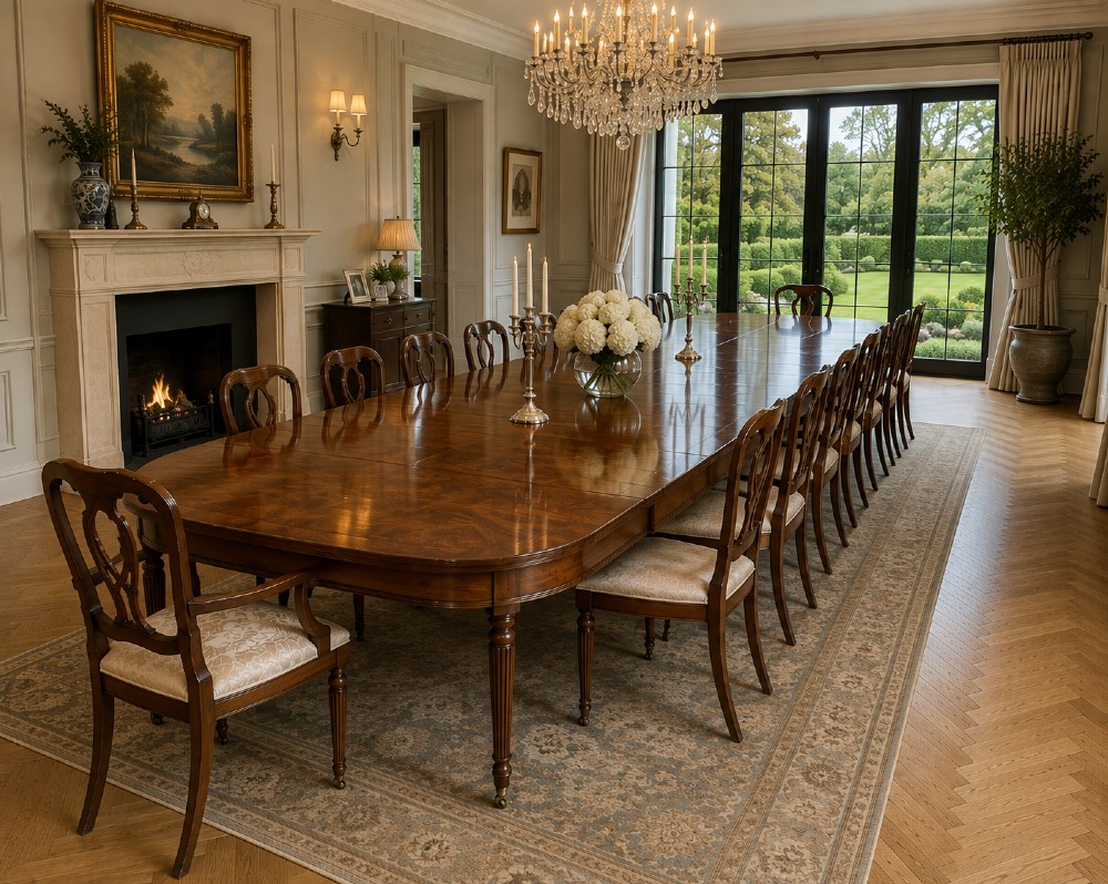 A large, polished Regency mahogany extending dining table with rounded corners and reeded legs fitted with brass castors. View XV