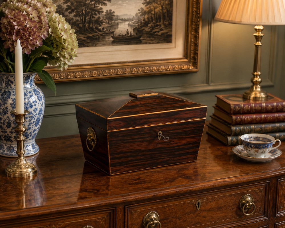 A Regency period dark rosewood tea caddy featuring brass stringing inlay, a faceted lid, and a central keyhole with key inserted. View II