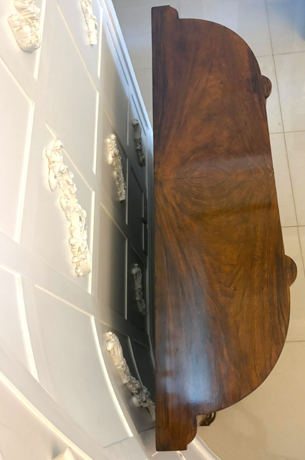 A nineteenth-century Victorian burr walnut credenza featuring curved side doors, intricate floral marquetry inlays, and gilt bronze mounts. View XIII