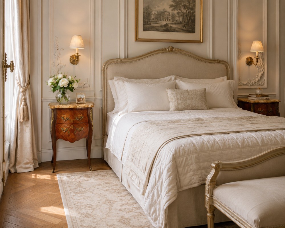 A pair of French Louis XV style kingwood bedside cabinets featuring floral marquetry inlays, gilt bronze mounts, serpentine fronts, and shaped marble tops. View IV