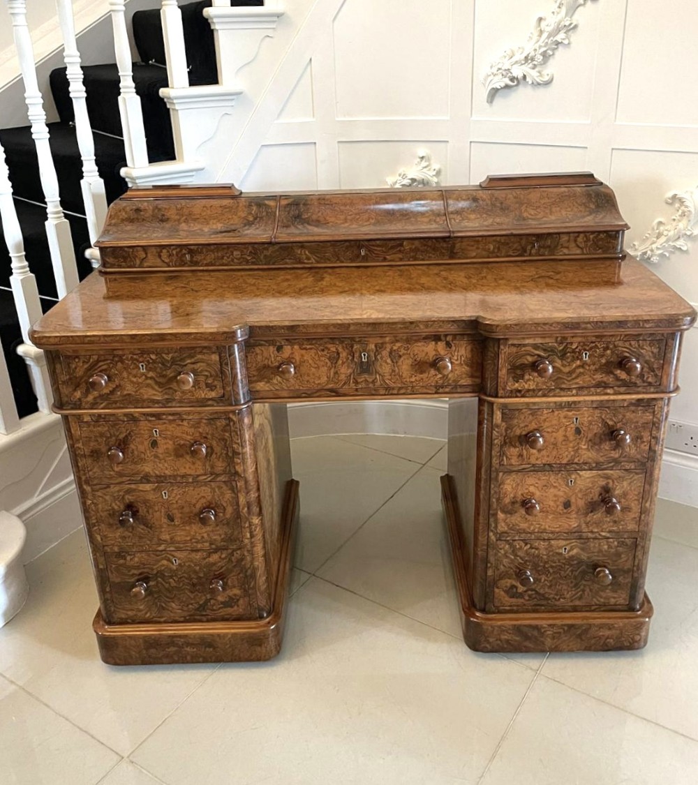 Outstanding Quality Antique Victorian Burr Walnut Kneehole Desk by Maple & Co.