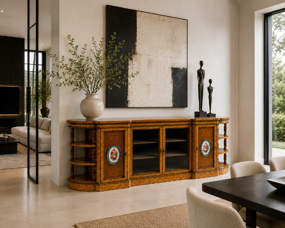 A large Victorian satinwood credenza featuring central glazed doors, oval porcelain plaques, and open curved side shelves. View II